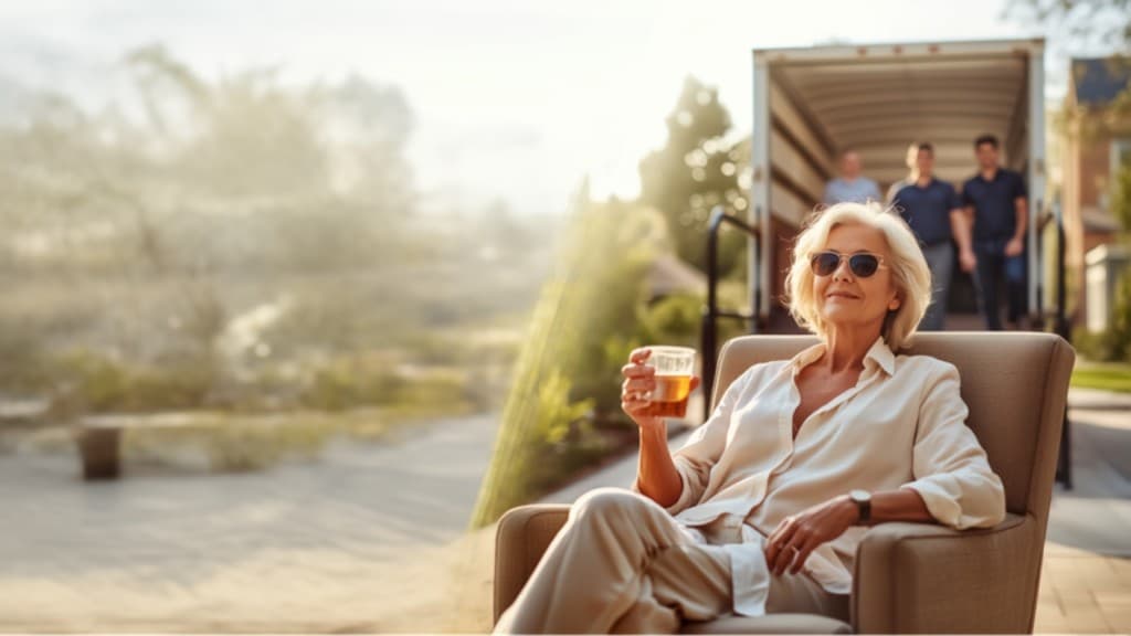 An older woman in sunglasses relaxes in an armchair on a driveway with a cold drink while movers carry furniture from a truck behind her