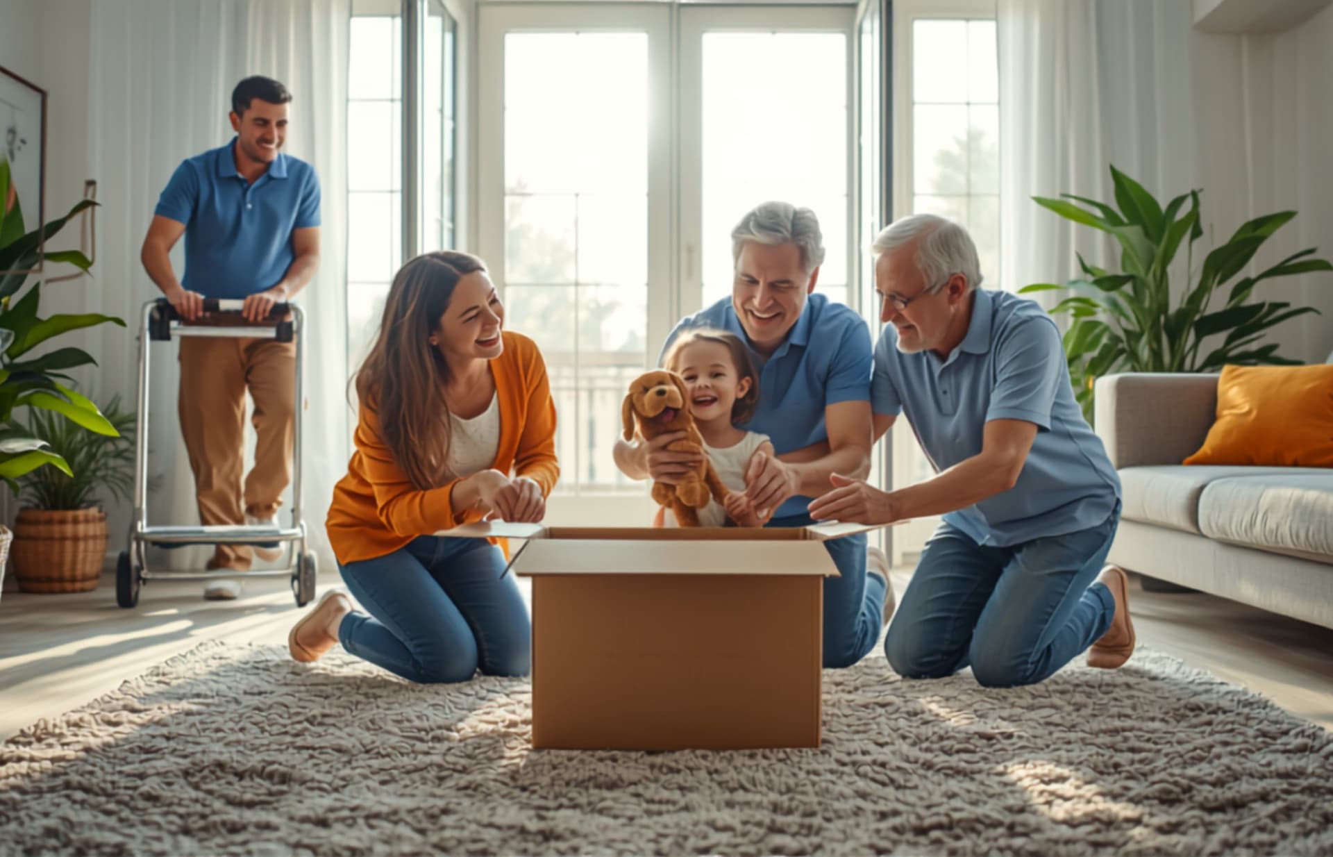 Three generations of a family kneel together in a sunlit living room laughing as a girl lifts a toy from a packing box