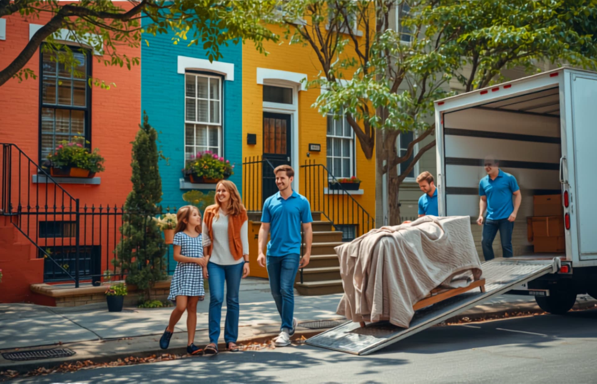 A family watches from their front steps as three movers wheel a wrapped dresser up the pavement from a truck on a colourful city street
