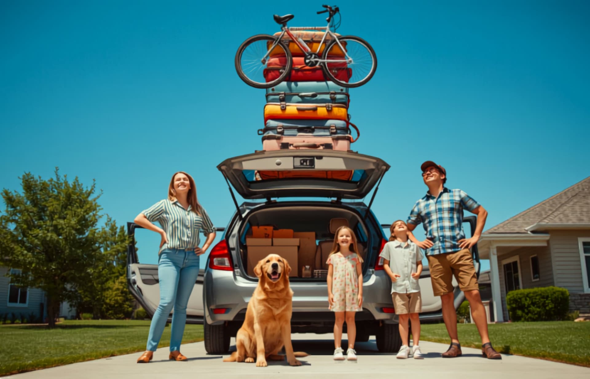 A family and their dog stand on the driveway staring up at a tall stack of luggage and a bicycle roped to the roof of their car