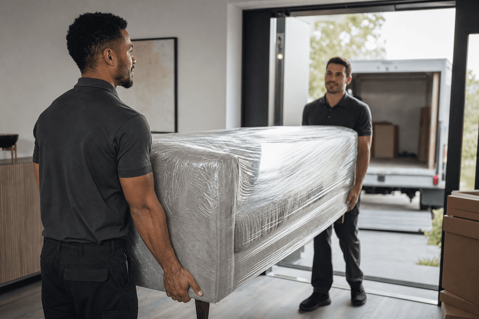 Two movers carrying a shrink wrapped sofa through a doorway