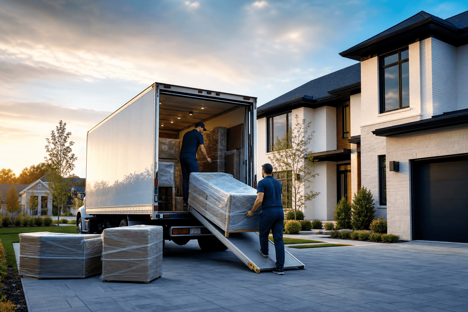A moving truck parked outside a house with the ramp down