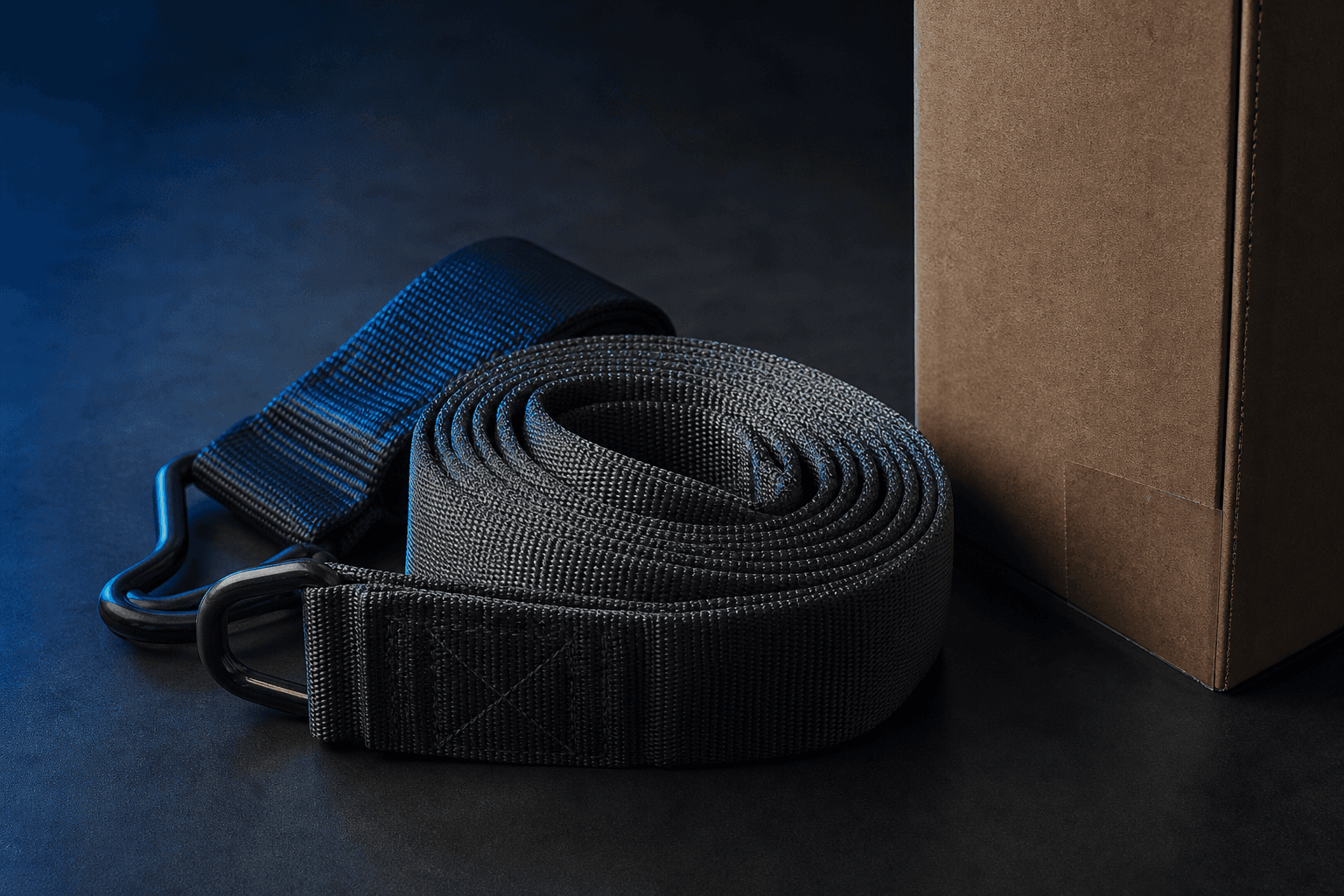Labelled cartons and moving straps staged for a shared load